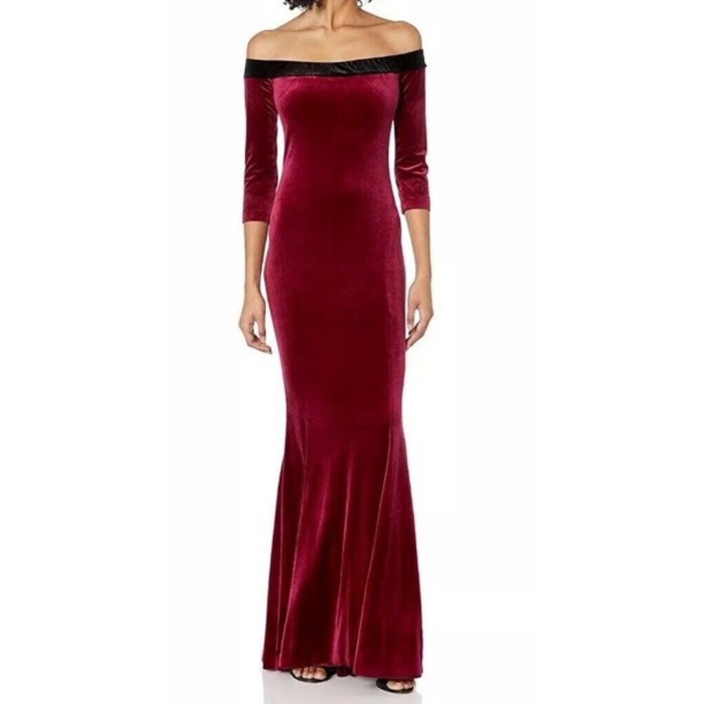 Norma Kamali red velvet gown off the shoulder